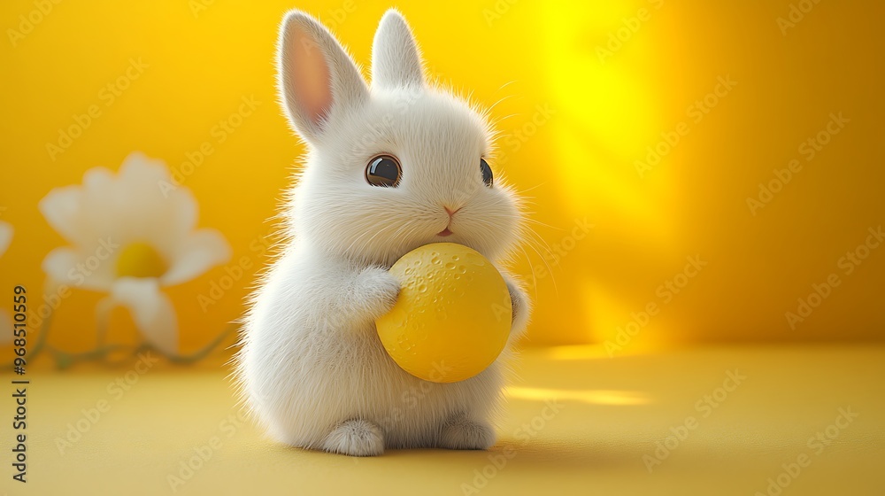 Fototapeta premium A cute white bunny rabbit holds a yellow ball in its paws, sitting on a yellow background with white flowers in the background.