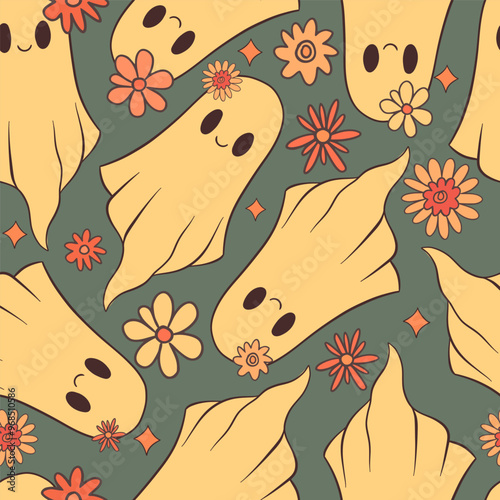 A charming and delightful pattern design featuring cute ghosts along with beautiful flowers