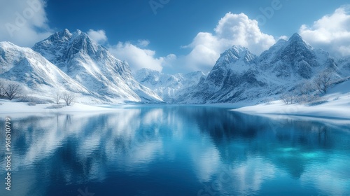 Serene winter landscape with mountains and a reflective lake.