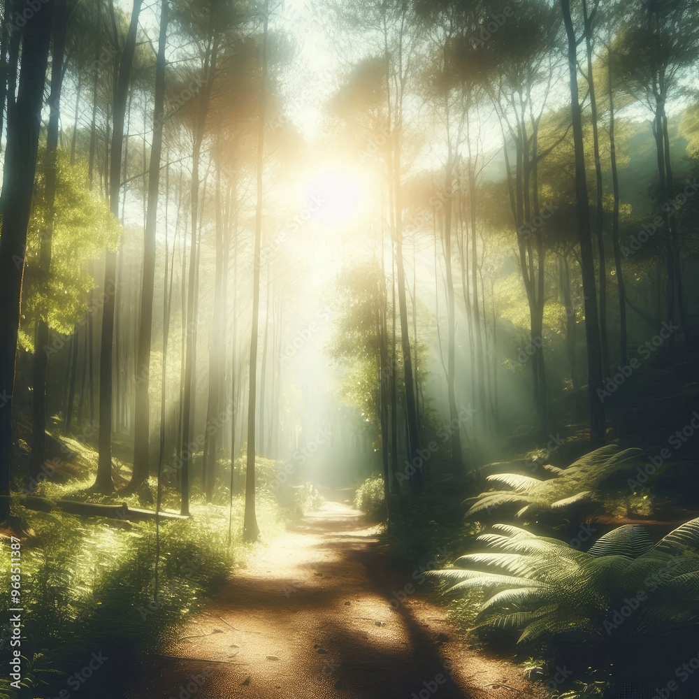 Fototapeta premium Blur background of sunlight filtering through trees in a lush forest.