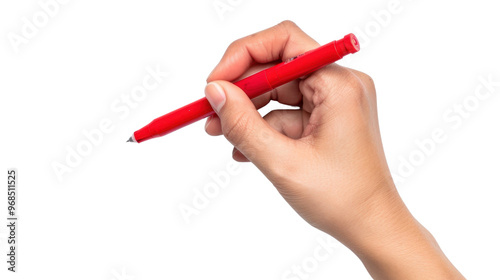 Hand holding red pen marker on transparent background