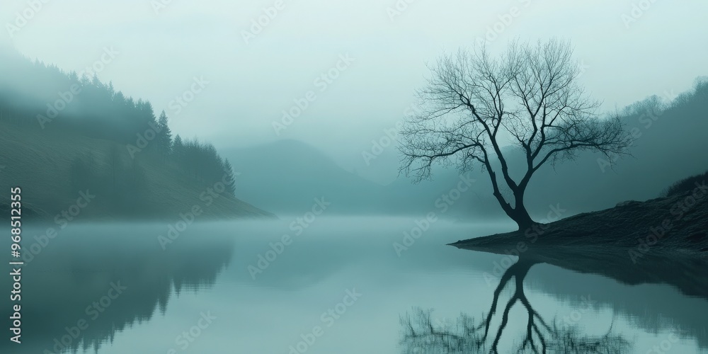 A tranquil landscape featuring a solitary tree reflected in calm waters, surrounded by misty mountains and serene nature. A tranquil landscape featuring a solitary tree reflected in calm waters, surrounded by misty mountains and serene nature.