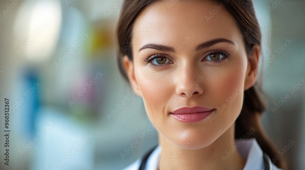 female doctor, focus on the face, caring expression, healthcare environment, gentle background blur female doctor, focus on the face, caring expression, healthcare environment, gentle background blur