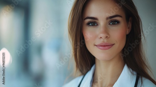 female doctor, focus on the face, caring expression, healthcare environment, gentle background blur