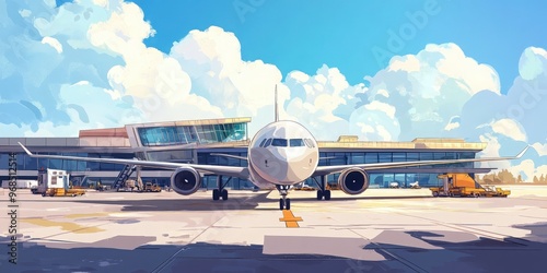 A vibrant airport scene showcasing a plane ready for departure under a clear sky with fluffy clouds. photo