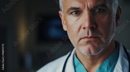 Doctor portrait in a clinical setting, close-up on the face, stethoscope around neck, serious and professional demeanor, soft lighting