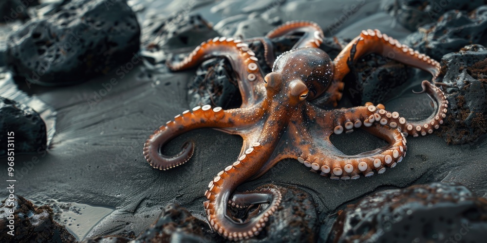 Fototapeta premium Imitate Octopus on dark volcanic shore