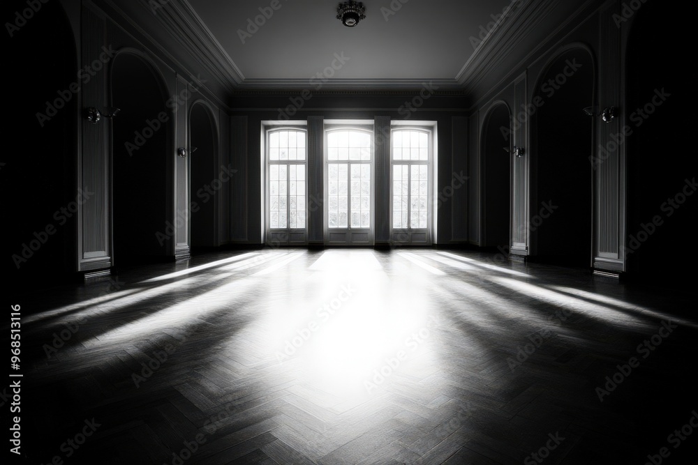 An elegant empty room with light streaming through large windows, showcasing a beautiful dark wooden floor in soft shadows. An elegant empty room with light streaming through large windows, showcasing a beautiful dark wooden floor in soft shadows.