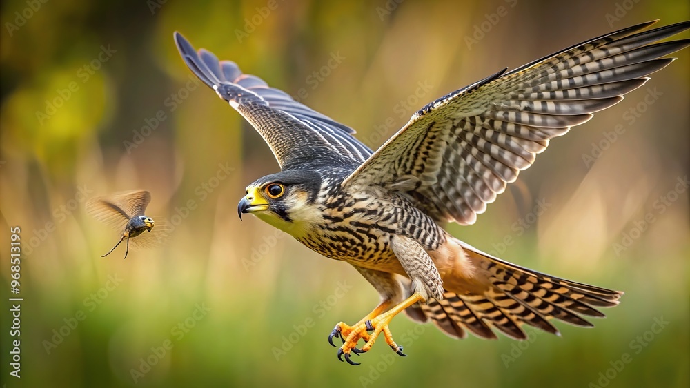 A stunning stock photo of a Eurasian Hobby falcon Falco subbuteo captured in a forced perspective shot as it gracefully catches a dragonfly in mid air, airborne, hunter, aerial, action A stunning stock photo of a Eurasian Hobby falcon Falco subbuteo captured in a forced perspective shot as it gracefully catches a dragonfly in mid air, airborne, hunter, aerial, action