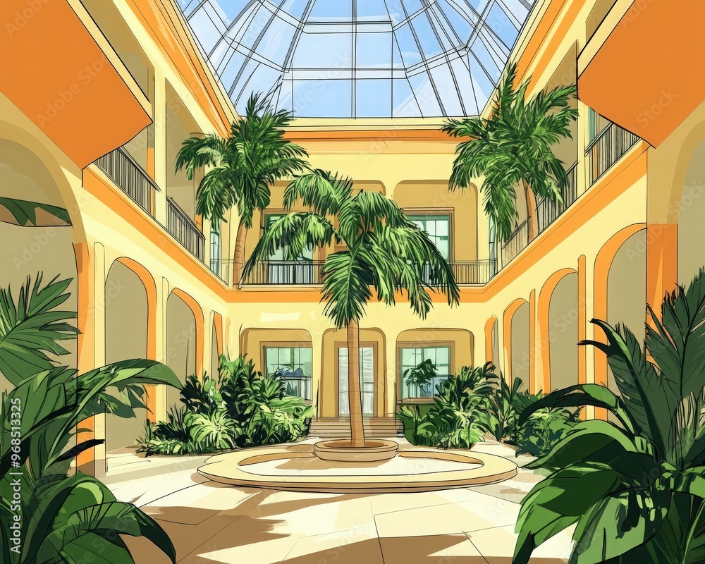 Fototapeta premium Bright indoor garden featuring tall palms and vibrant greenery under a glass ceiling, creating a serene atmosphere.
