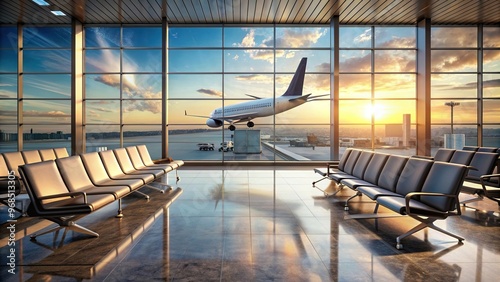 Empty airport terminal lounge with airplane on background High Angle, airplane, high angle, terminal, background, airport