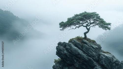 Solitary bonsai tree on rocky cliff with misty mountain backdrop, serene nature scene