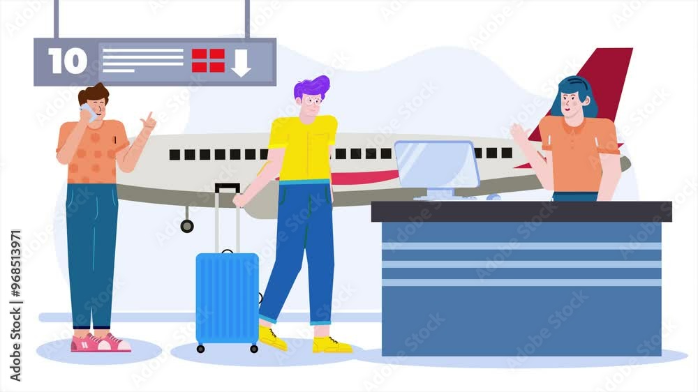 Illustration of travelers at airport check-in counter with luggage and airplane in the background illustration animated video Illustration of travelers at airport check-in counter with luggage and airplane in the background illustration animated video