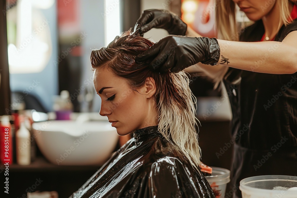 Naklejka premium Female barber applying hair dye to a client's hair in a salon. Hair color and mixing bowls are visible on the counter