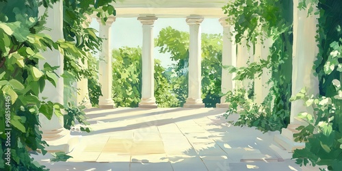 Serene garden scene with majestic columns and lush greenery, offering a peaceful ambiance and natural beauty.