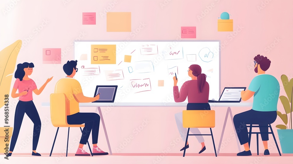 Four People Working Together on a Project in an Office Four People Working Together on a Project in an Office