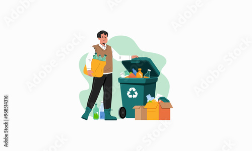 A person recycling bottles into a bin with a recycling symbol.