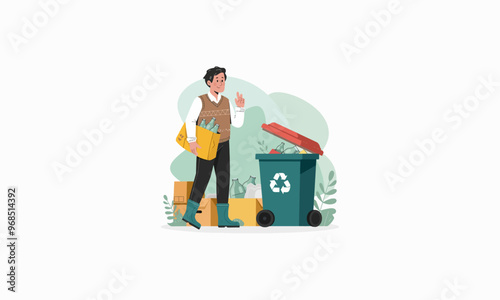 A person recycling bottles into a bin with a recycling symbol.