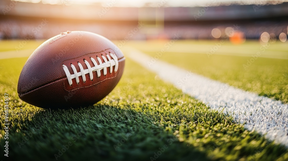 A close-up shot of a football on the field, resting on green grass with blurred white markings in the distance. Focus is on the laces and leather texture