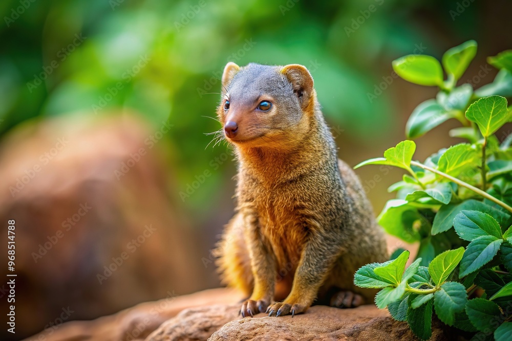 A common dwarf mongoose sitting on a rocky surface attentively observing its natural habitat filled with plants and wildlife, ecosystem, animal, survival, plants, alertness, asymmetrical A common dwarf mongoose sitting on a rocky surface attentively observing its natural habitat filled with plants and wildlife, ecosystem, animal, survival, plants, alertness, asymmetrical