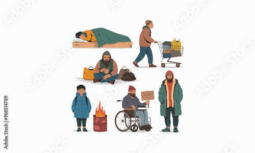 Various homeless individuals in different situations, including sleeping and begging.