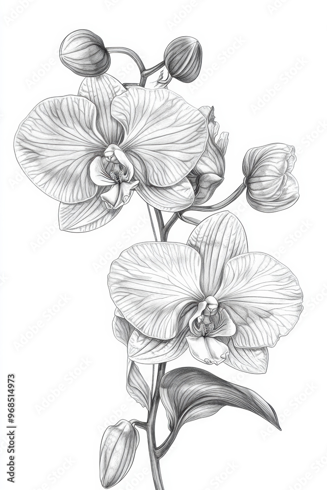 Orchid in detailed grayscale, showcasing intricate floral patterns and natural beauty. This artwork captures elegance and delicate features of orchid plant, evoking sense of tranquility and appreciati Orchid in detailed grayscale, showcasing intricate floral patterns and natural beauty. This artwork captures elegance and delicate features of orchid plant, evoking sense of tranquility and appreciati