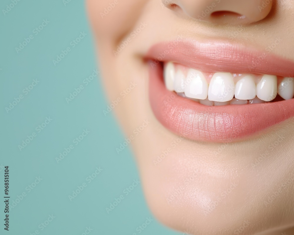 Obraz premium A close-up of a healthy, bright smile showcasing perfect white teeth and soft lips against a soothing background.