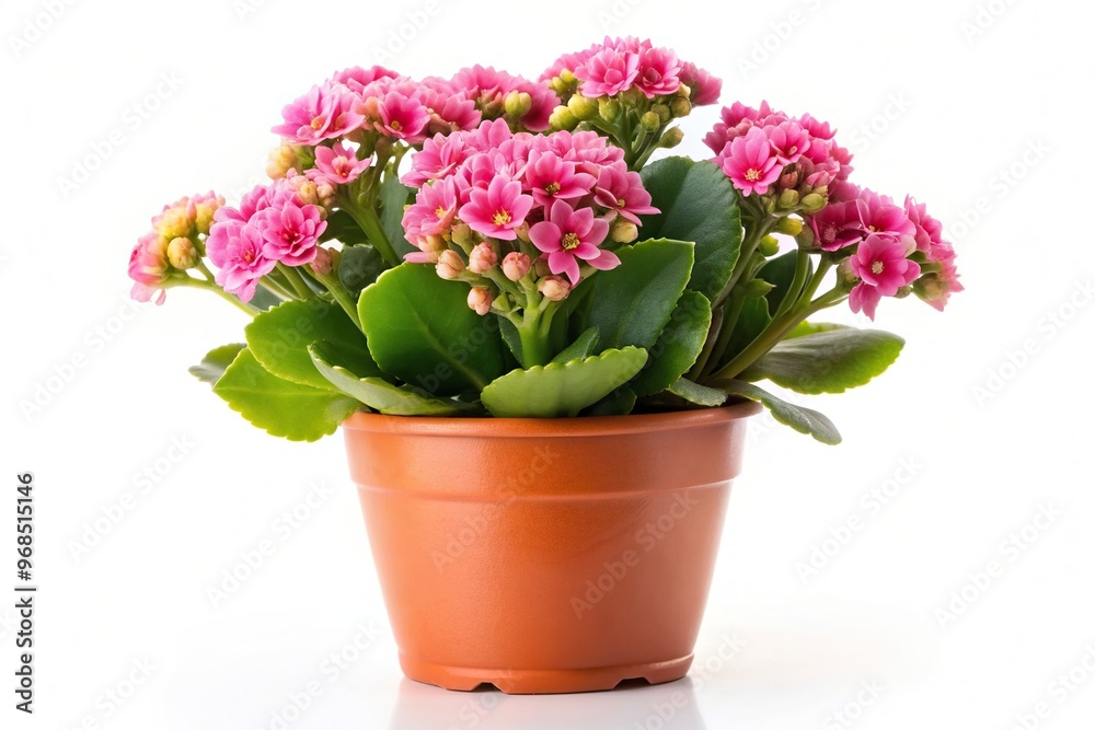 A detailed description for the stock photo of a pink Kalanchoe plant in a pot isolated on a white background with depth of field, flower, green leaves, indoor plant, white background A detailed description for the stock photo of a pink Kalanchoe plant in a pot isolated on a white background with depth of field, flower, green leaves, indoor plant, white background