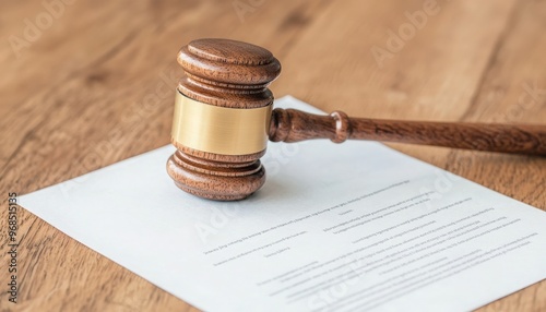 A close-up of a wooden gavel resting on a legal document, symbolizing justice and legal proceedings in a courtroom setting.