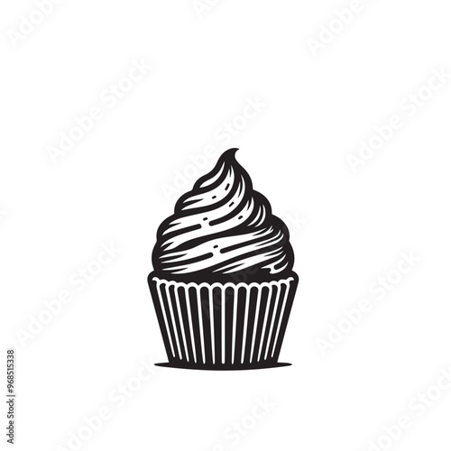 Cupcake silhouette. Delicious cupcake vector illustration black and white. Cupcake logo.