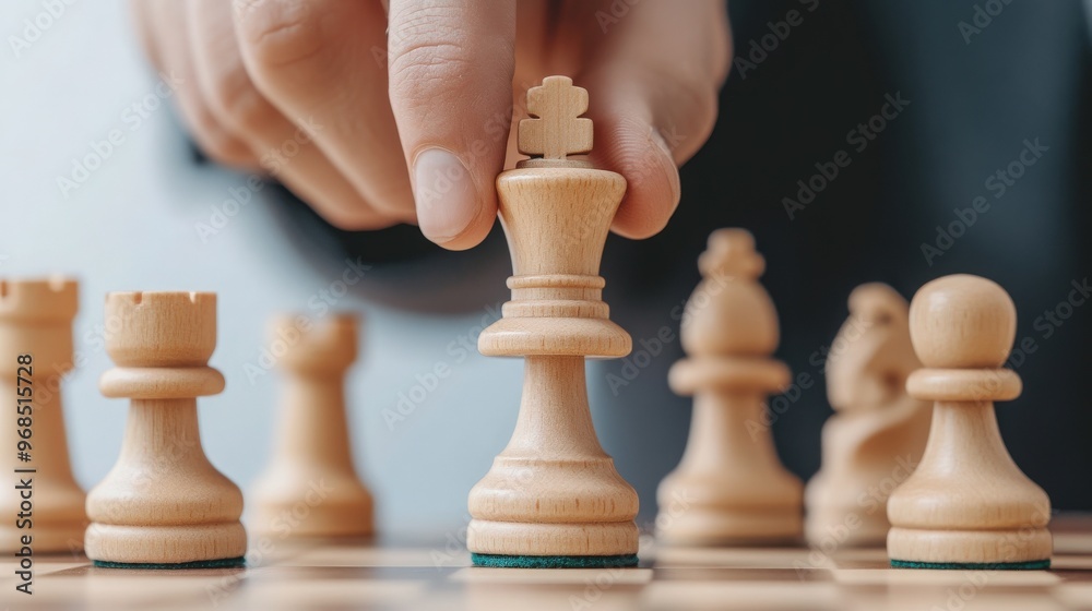 A hand strategizing a chess move, highlighting focus and concentration with wooden chess pieces on a chessboard. A hand strategizing a chess move, highlighting focus and concentration with wooden chess pieces on a chessboard.