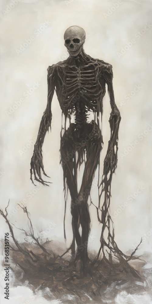 A haunting skeletal figure emerges from the shadows, entwined with dark roots, embodying themes of death and the supernatural. A haunting skeletal figure emerges from the shadows, entwined with dark roots, embodying themes of death and the supernatural.