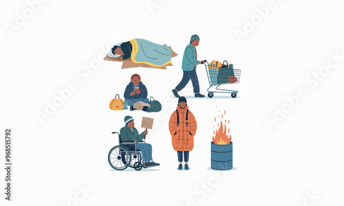 Various homeless individuals in different situations, including sleeping and begging.