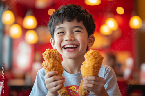 Asian boy sitting in restaurant, smiling face, holding crispy fr