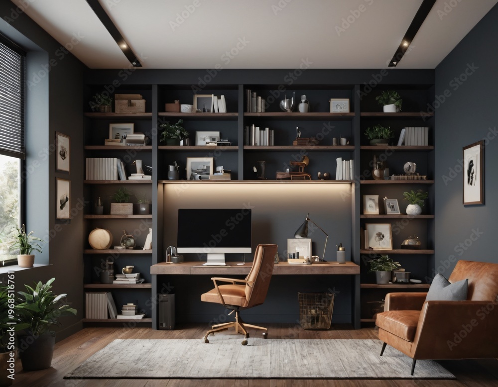 a high-quality 3D render of a stylish and functional home office. Incorporate a sleek desk, an ergonomic chair, and ample storage solutions like shelves and cabinets a high-quality 3D render of a stylish and functional home office. Incorporate a sleek desk, an ergonomic chair, and ample storage solutions like shelves and cabinets