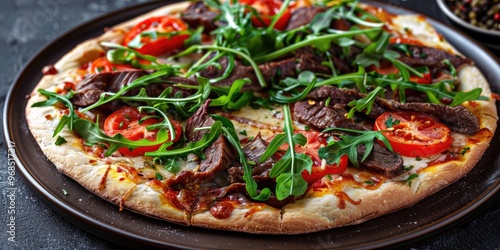 Thick Oven-Baked Pizza Featuring Slices of Beef, Arugula, Parmesan Cheese, Tomato Sauce, and Spices, Topped with Fresh Beef Tomatoes and Greens in a Bold Style.