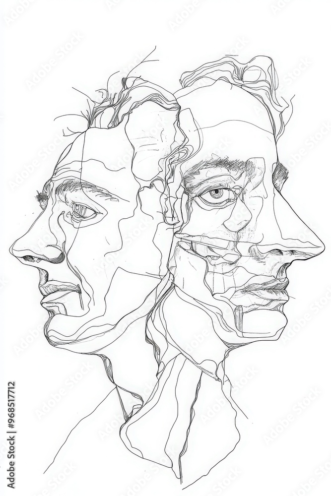 Abstract line art of intertwined faces, showcasing emotion and identity through minimalist design and overlapping features. Abstract line art of intertwined faces, showcasing emotion and identity through minimalist design and overlapping features.
