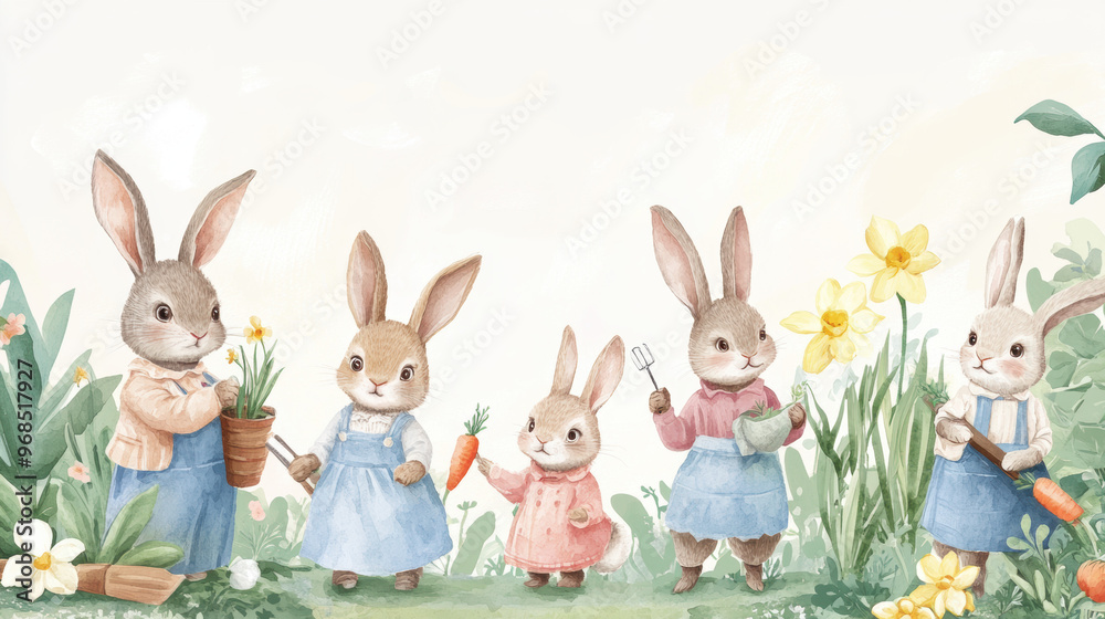 Fototapeta premium Cute Bunny Gardeners.