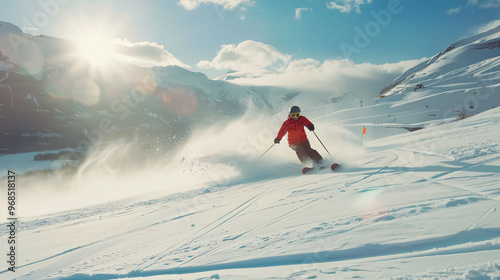 Young attractive skier skiing in the famous ski resort in Livigno, Italy, Europe. photo