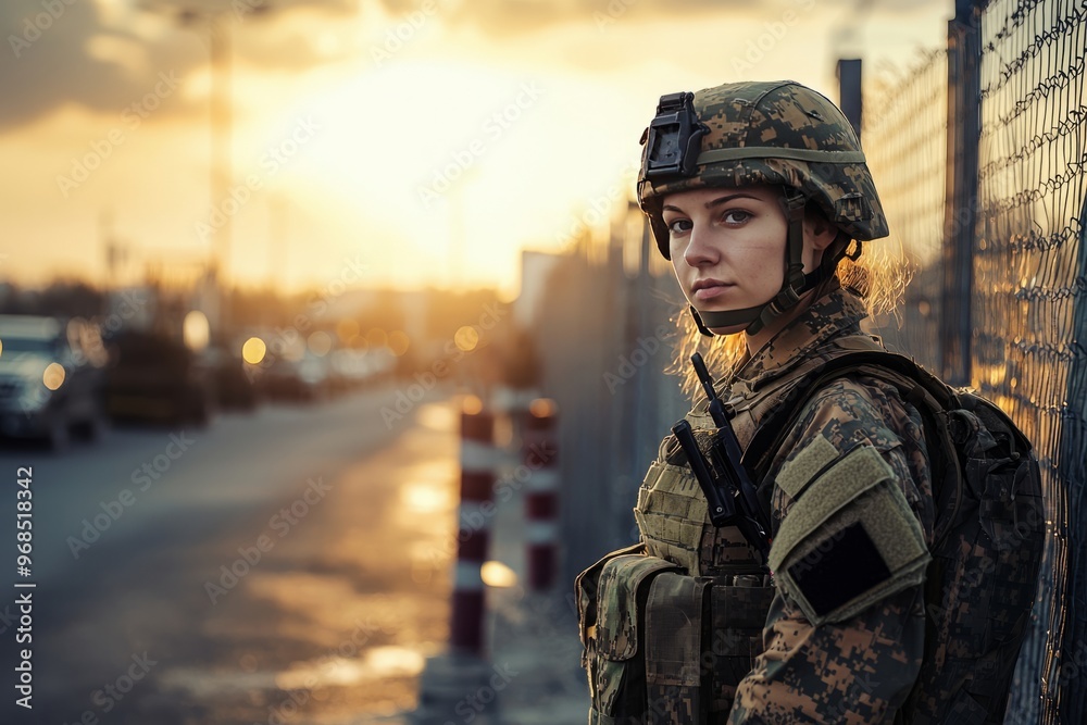 Female soldier standing guard at a military checkpoint. The checkpoint and security barriers are visible in the background Female soldier standing guard at a military checkpoint. The checkpoint and security barriers are visible in the background