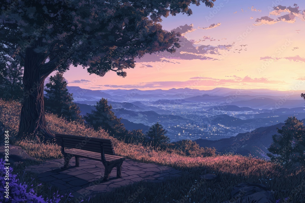 A Charming Scenic Overlook With A Bench And A View Of Distant Snowy Peaks Under A Soft, Evening Light. Cozy Vibe, Generative AI A Charming Scenic Overlook With A Bench And A View Of Distant Snowy Peaks Under A Soft, Evening Light. Cozy Vibe, Generative AI