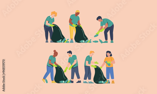 Group of volunteers collecting trash and cleaning up the environment.