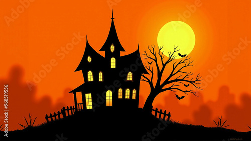 Spooky Haunted House Silhouette Against Full Moon