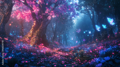 Fototapeta Naklejka Na Ścianę i Meble -  a mysterious magic forest with butterflies and flowers, 3d rendering