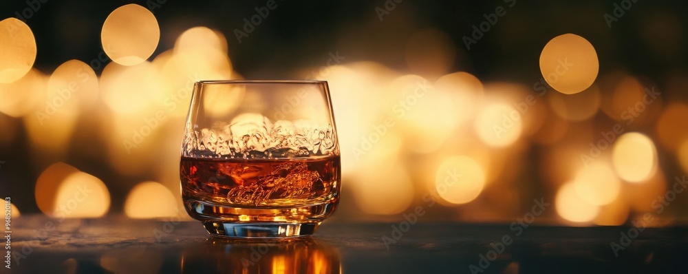 A close-up of a whiskey glass filled with amber liquid, surrounded by soft, warm bokeh lights, capturing a cozy evening atmosphere. A close-up of a whiskey glass filled with amber liquid, surrounded by soft, warm bokeh lights, capturing a cozy evening atmosphere.