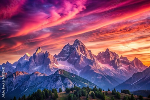 A breathtaking view of an asymmetrical mountain range with a mesmerizing pink and purple sky in the background creating a dreamlike and surreal atmosphere, atmosphere, background