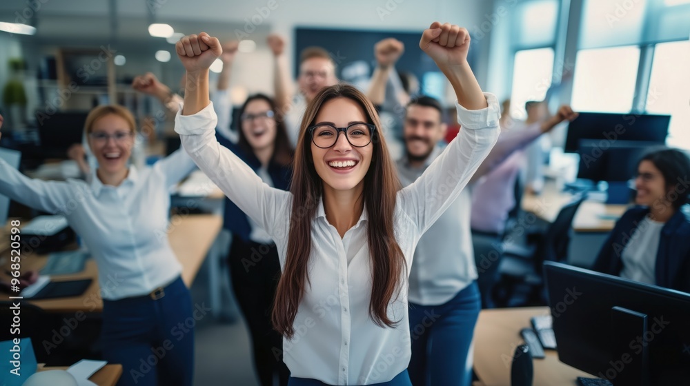 Office team celebrating success, with smiling faces and arms raised in joy Office team celebrating success, with smiling faces and arms raised in joy