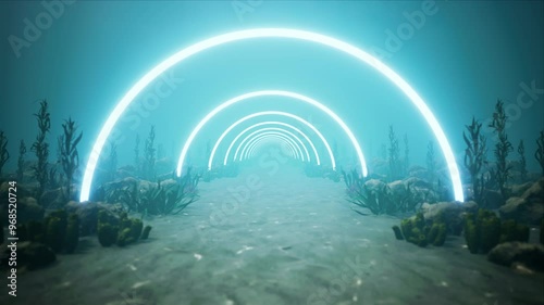Glowing Lights in the Underwater Aquarium Tunnel