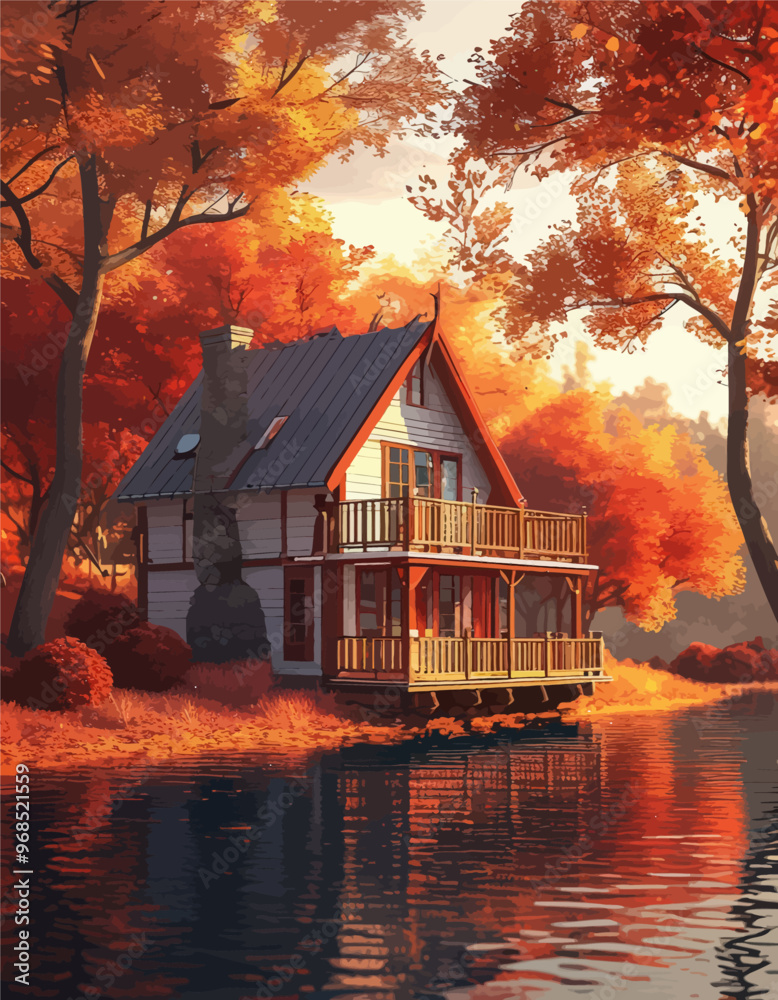 Fototapeta premium Autumnal Serenity: A Cozy Cottage by the Lake