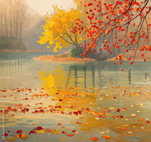 Autumnal Scenery with Yellow and Red Leaves Falling into a Lake